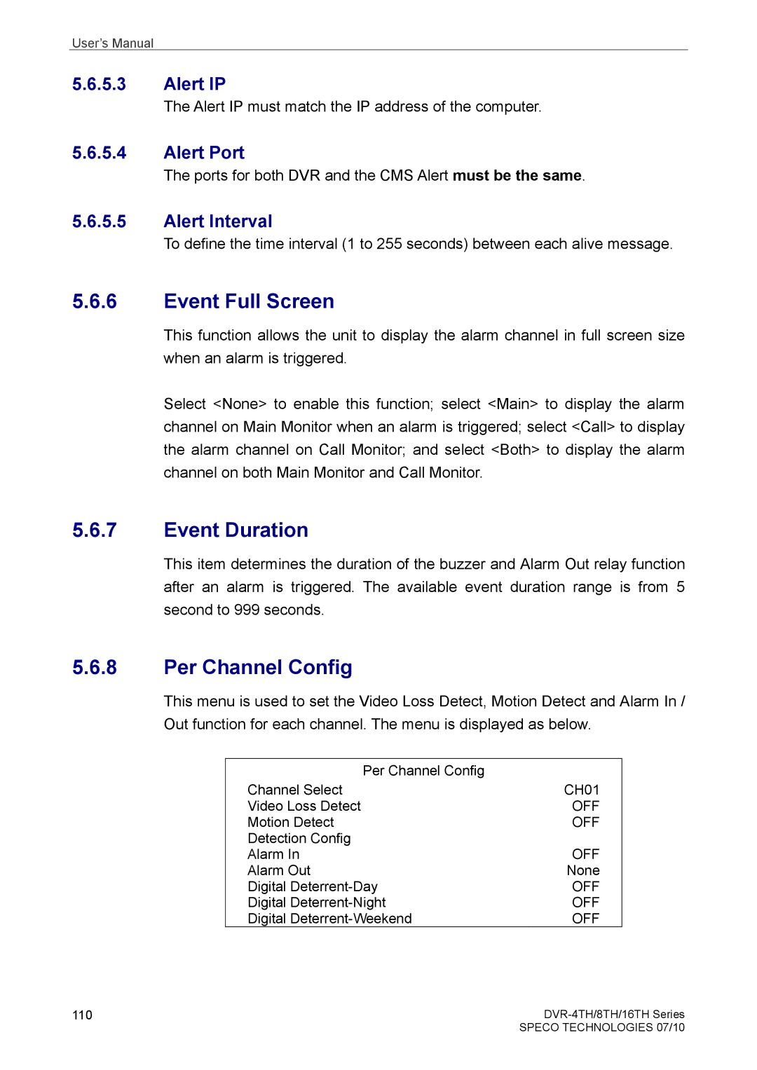 Samsung DVR-4TH, DVR-16TH, DVR-8TH user manual Event Full Screen, Event Duration, Per Channel Config 