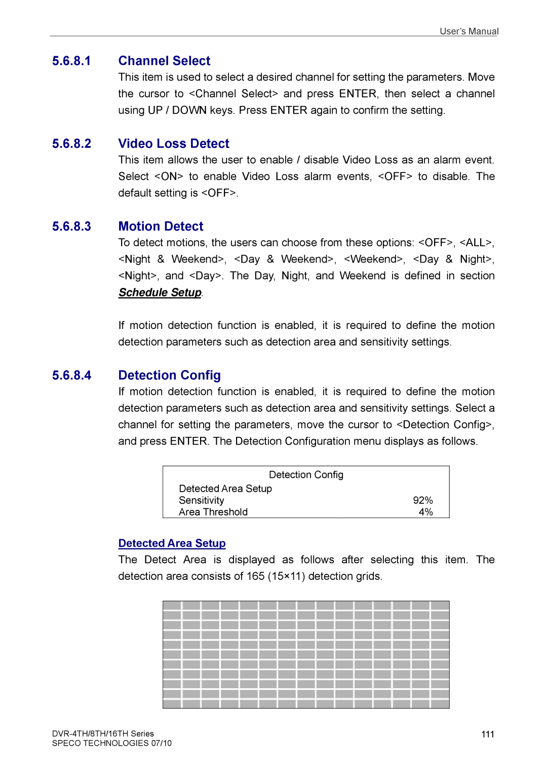 Samsung DVR-16TH, DVR-4TH, DVR-8TH Channel Select, Video Loss Detect, Motion Detect, Detection Config, Detected Area Setup 