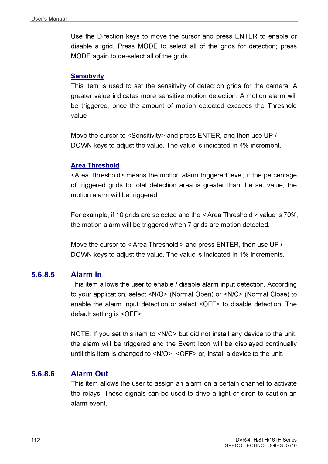 Samsung DVR-8TH, DVR-4TH, DVR-16TH user manual Alarm Out, Sensitivity, Area Threshold 