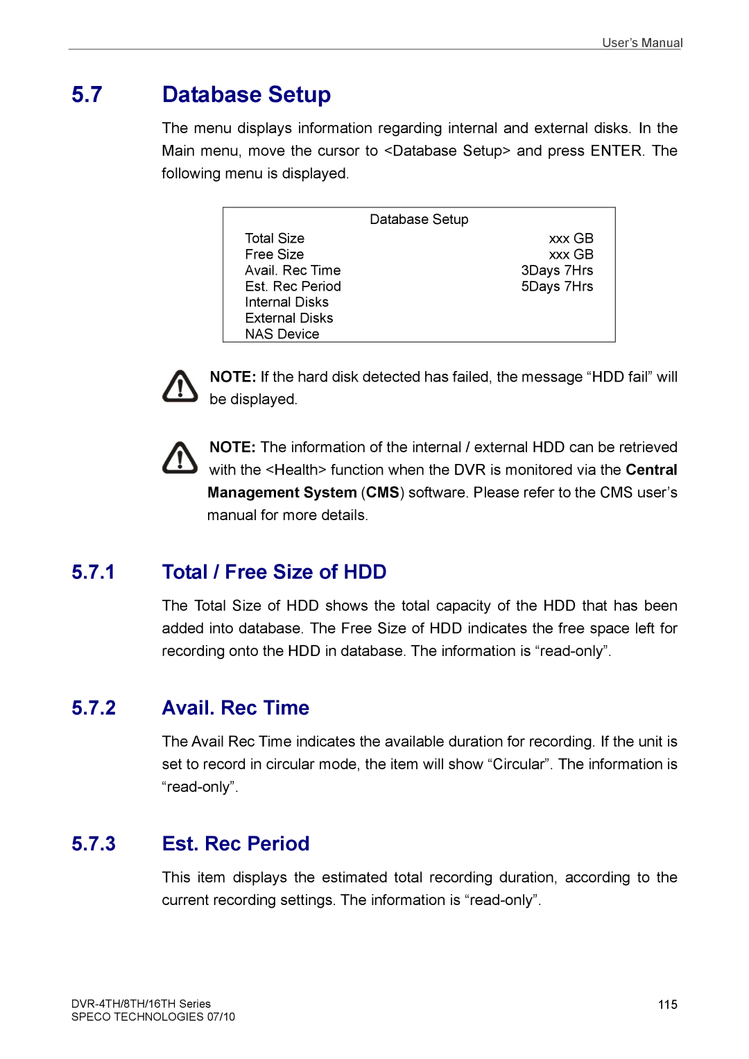 Samsung DVR-8TH, DVR-4TH, DVR-16TH user manual Database Setup, Total / Free Size of HDD, Avail. Rec Time, 3 Est. Rec Period 