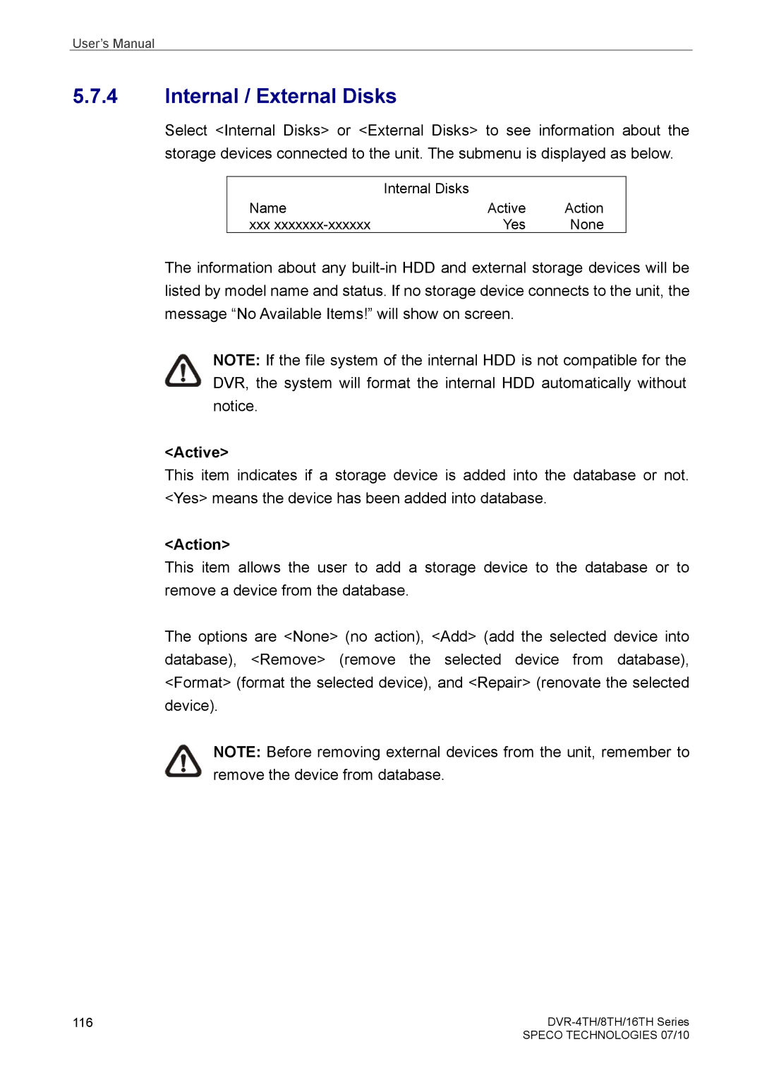 Samsung DVR-4TH, DVR-16TH, DVR-8TH user manual Internal / External Disks, Active, Action 