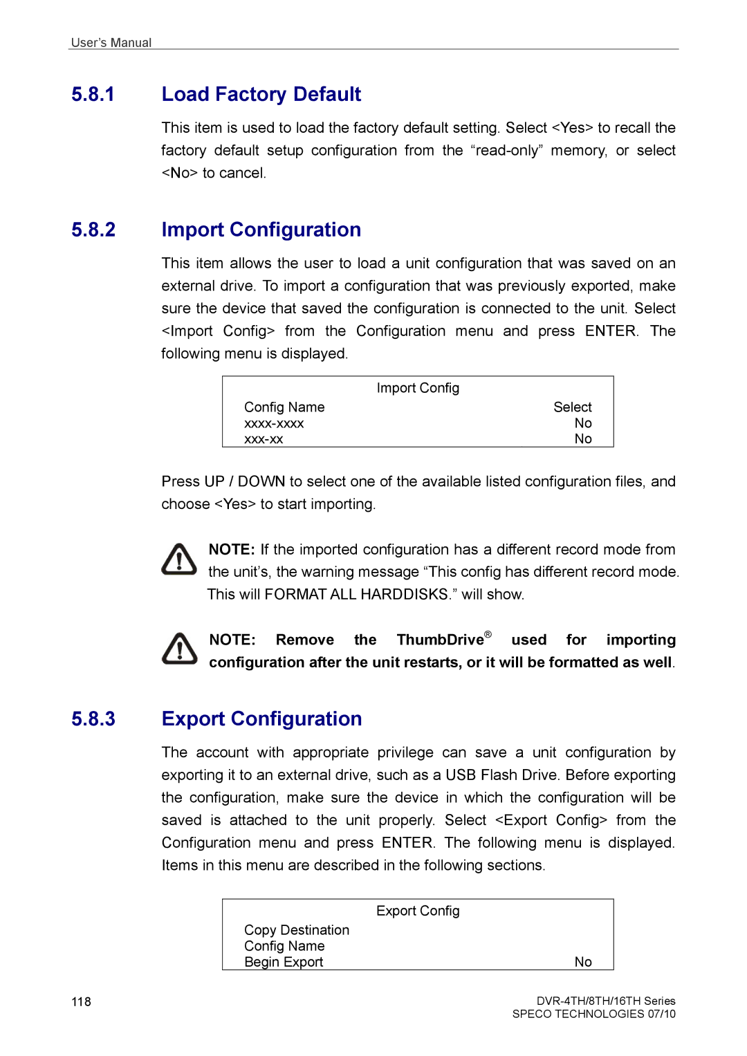 Samsung DVR-8TH, DVR-4TH, DVR-16TH user manual Load Factory Default, Import Configuration, Export Configuration 