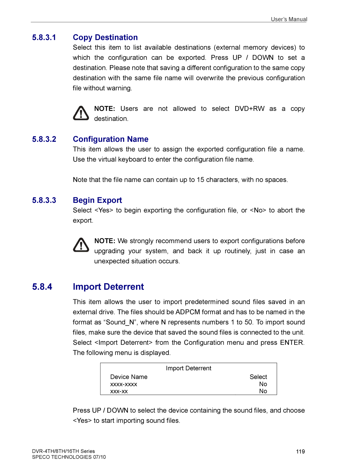 Samsung DVR-4TH, DVR-16TH, DVR-8TH user manual Import Deterrent, Copy Destination, Configuration Name, Begin Export 