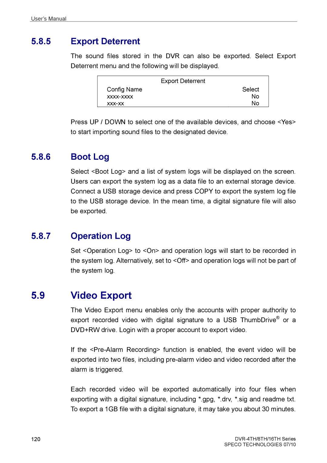 Samsung DVR-16TH, DVR-4TH, DVR-8TH user manual Export Deterrent, Boot Log, Operation Log 