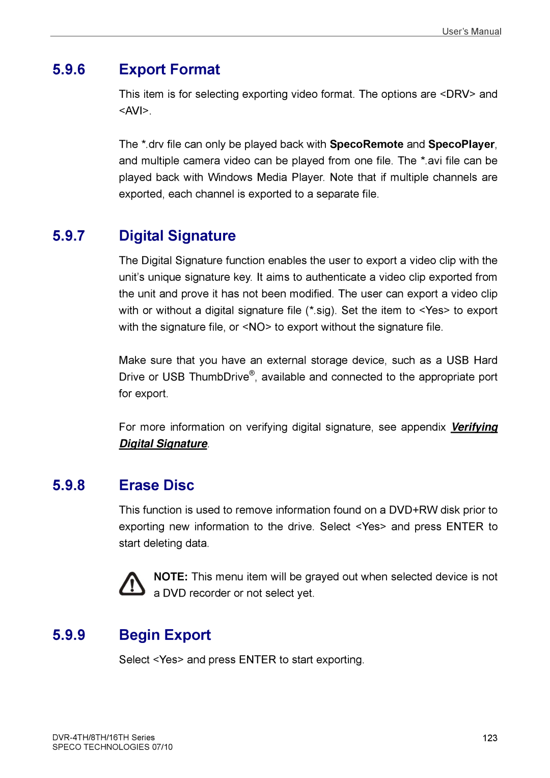 Samsung DVR-16TH, DVR-4TH, DVR-8TH user manual Export Format, Digital Signature, Erase Disc, Begin Export 