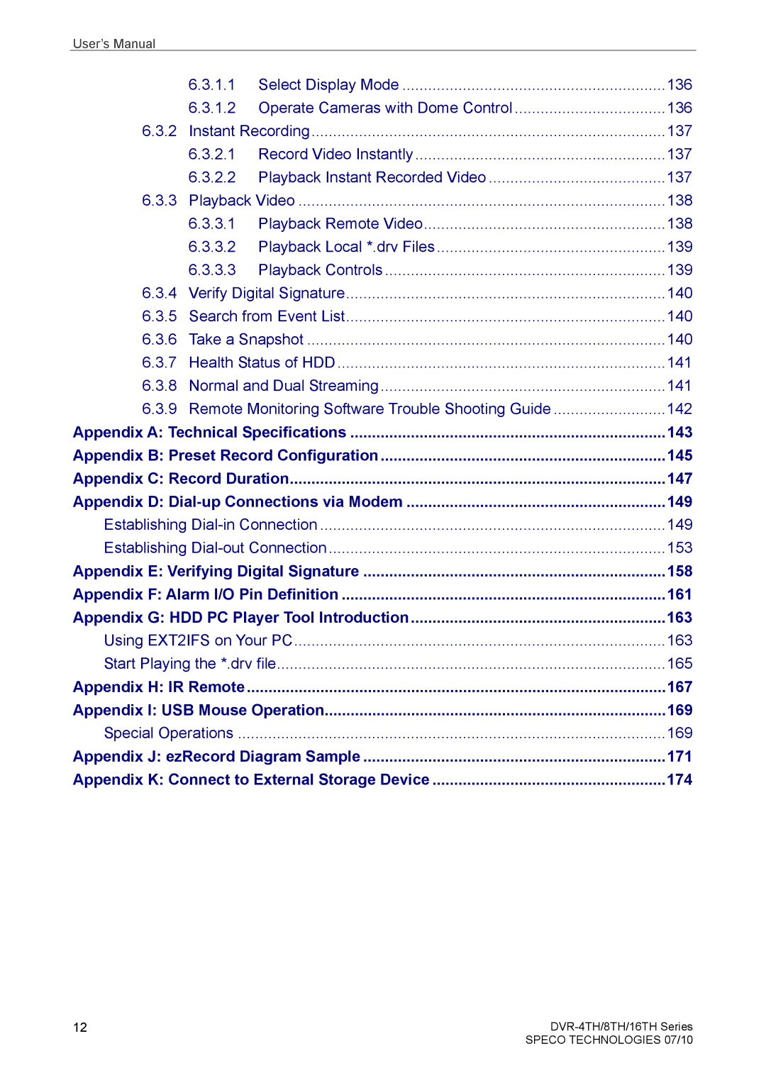 Samsung DVR-16TH, DVR-4TH, DVR-8TH user manual Appendix H IR Remote 167 Appendix I USB Mouse Operation 169 