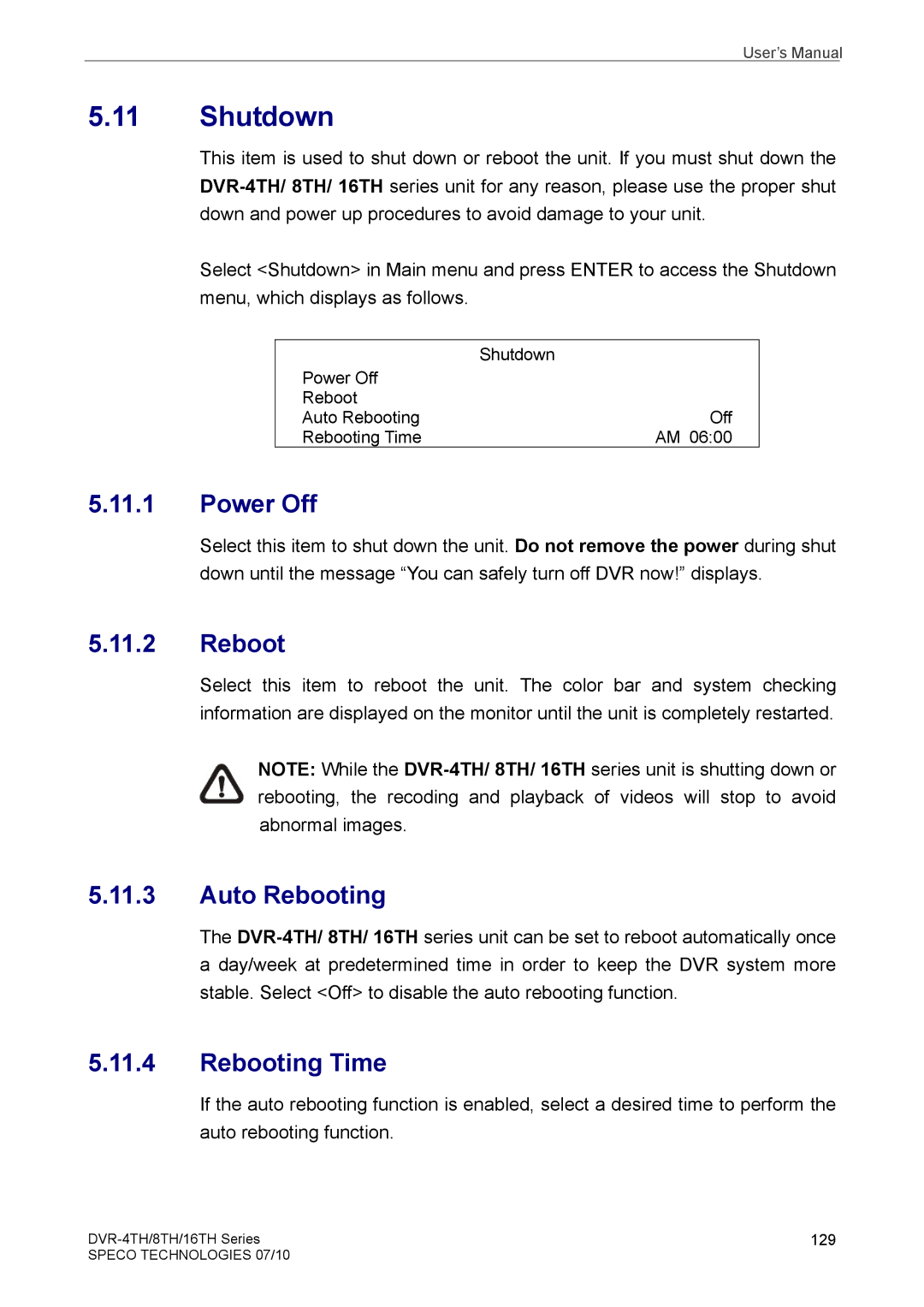 Samsung DVR-16TH, DVR-4TH, DVR-8TH user manual Shutdown, Power Off, Auto Rebooting, Rebooting Time 