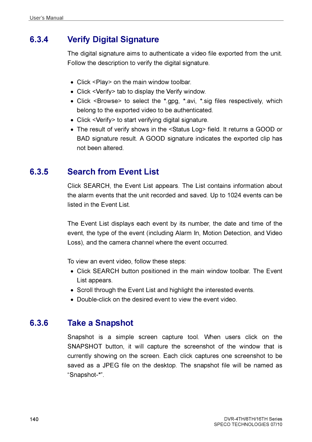 Samsung DVR-4TH, DVR-16TH, DVR-8TH user manual Verify Digital Signature, Search from Event List, Take a Snapshot 