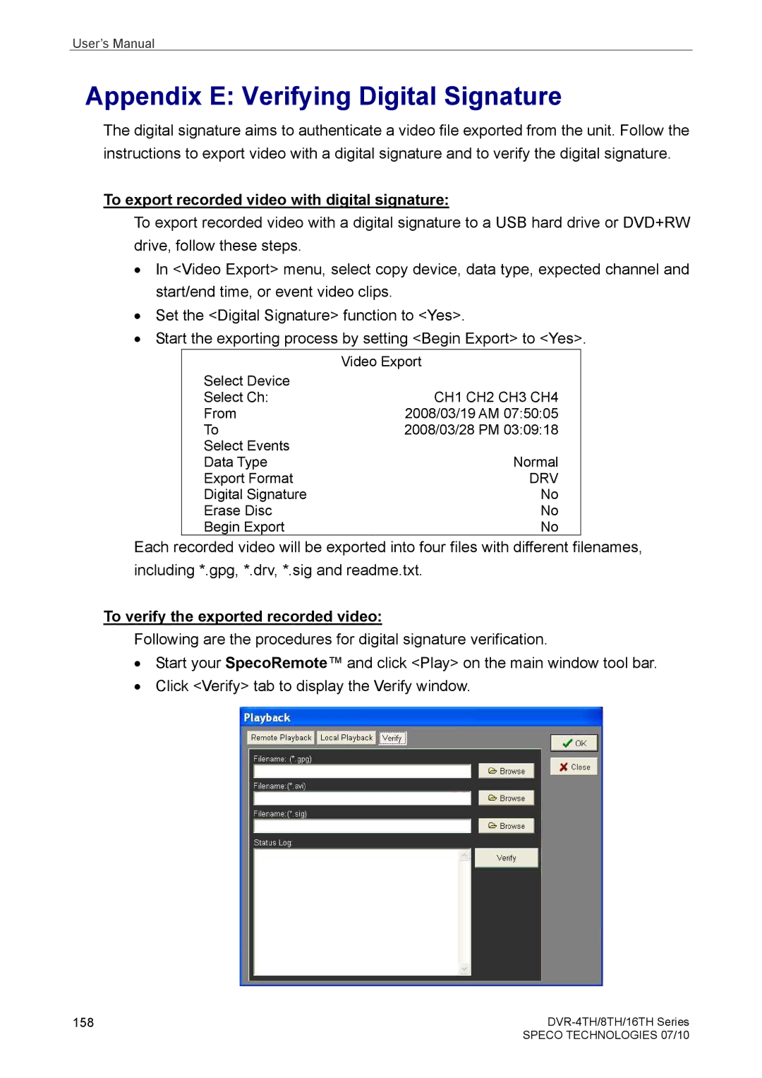 Samsung DVR-4TH, DVR-16TH, DVR-8TH Appendix E Verifying Digital Signature, To export recorded video with digital signature 