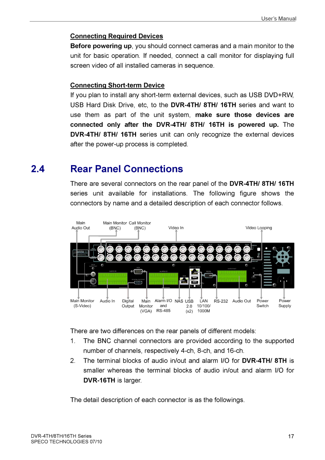 Samsung DVR-4TH, DVR-16TH, DVR-8TH Rear Panel Connections, Connecting Required Devices, Connecting Short-term Device 