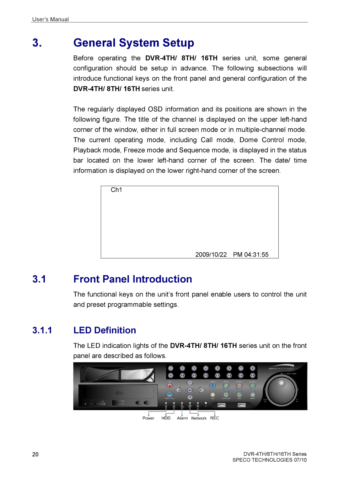 Samsung DVR-4TH, DVR-16TH, DVR-8TH user manual General System Setup, Front Panel Introduction, LED Definition 