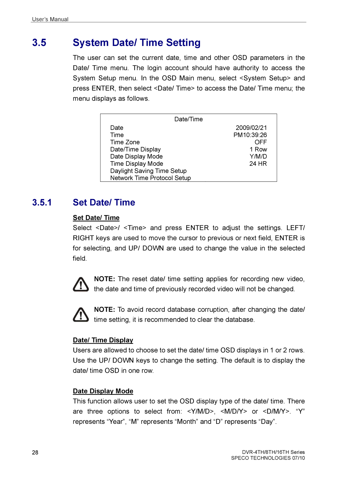 Samsung DVR-8TH, DVR-4TH, DVR-16TH System Date/ Time Setting, Set Date/ Time, Date/ Time Display, Date Display Mode 