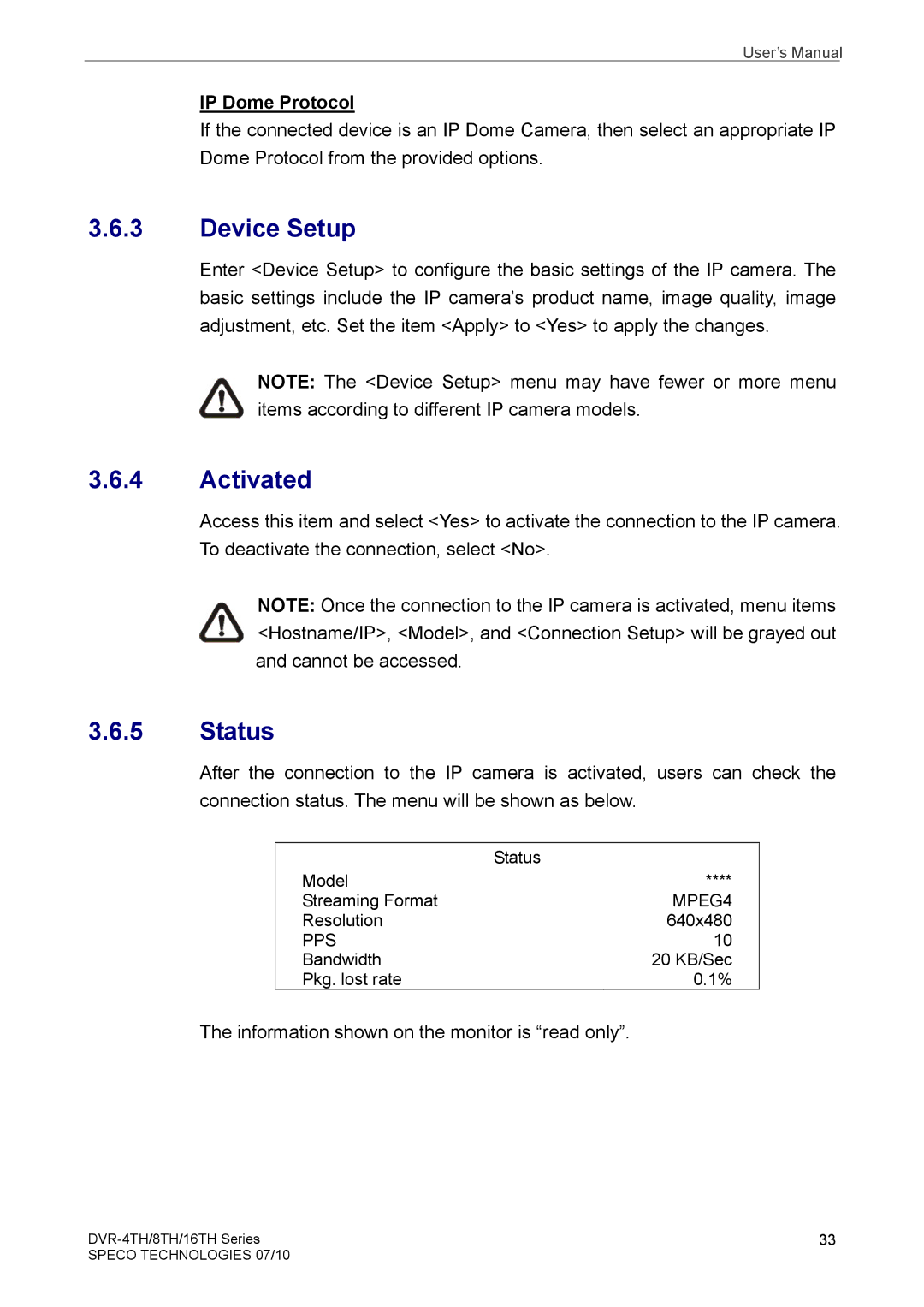 Samsung DVR-16TH, DVR-4TH, DVR-8TH user manual Device Setup, Activated, Status, IP Dome Protocol 