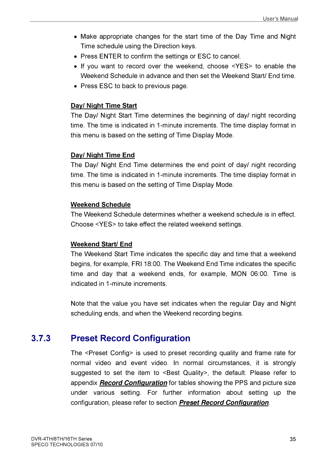 Samsung DVR-4TH, DVR-16TH Preset Record Configuration, Day/ Night Time Start, Day/ Night Time End, Weekend Schedule 