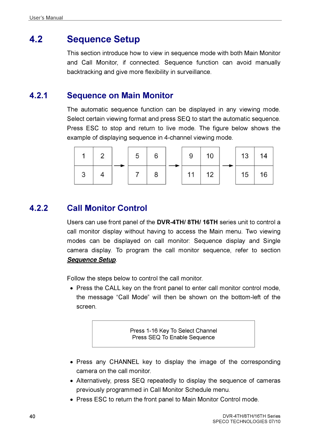 Samsung DVR-8TH, DVR-4TH, DVR-16TH user manual Sequence Setup, Sequence on Main Monitor, Call Monitor Control 