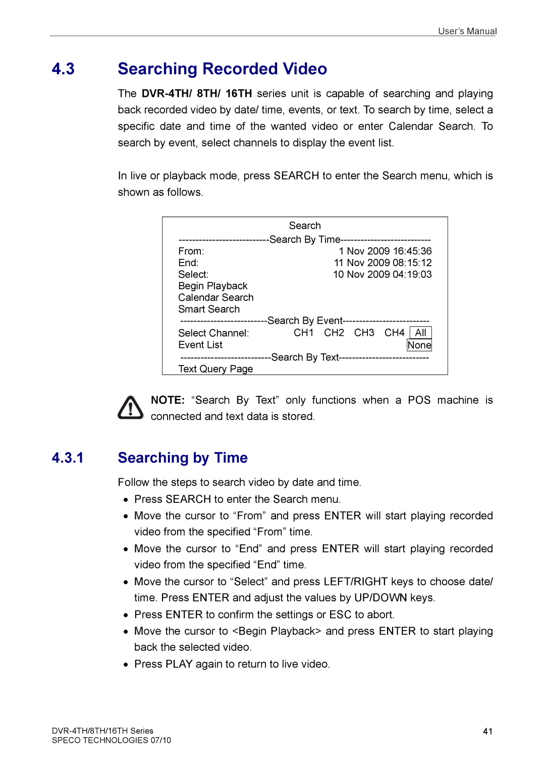 Samsung DVR-4TH, DVR-16TH, DVR-8TH user manual Searching Recorded Video, Searching by Time 