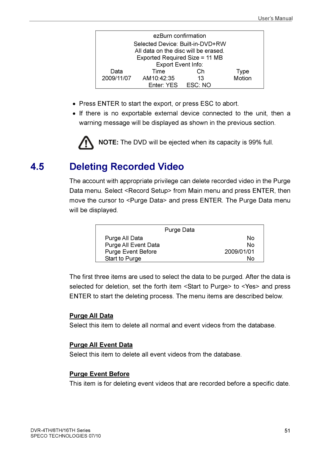 Samsung DVR-16TH, DVR-4TH, DVR-8TH Deleting Recorded Video, Purge All Data, Purge All Event Data, Purge Event Before 