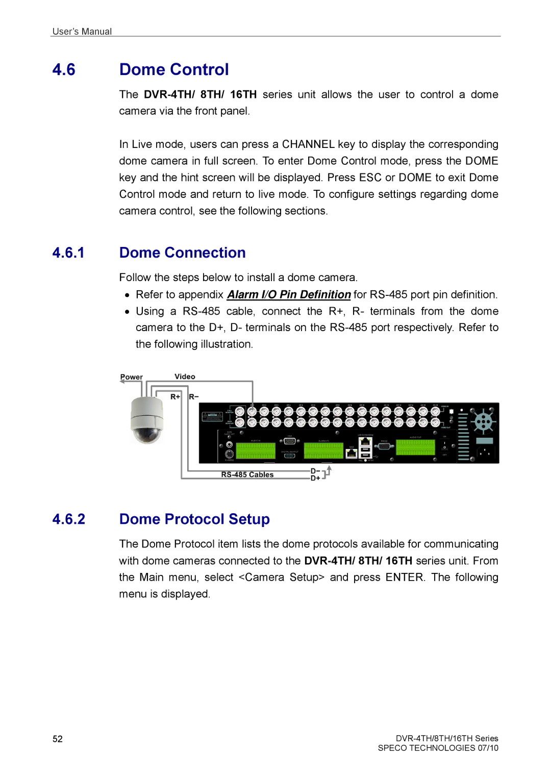 Samsung DVR-8TH, DVR-4TH, DVR-16TH user manual Dome Control, Dome Connection, Dome Protocol Setup 