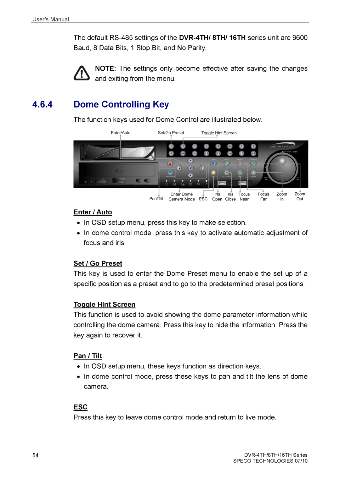 Samsung DVR-16TH, DVR-4TH, DVR-8TH Dome Controlling Key, Enter / Auto, Set / Go Preset, Toggle Hint Screen, Pan / Tilt 