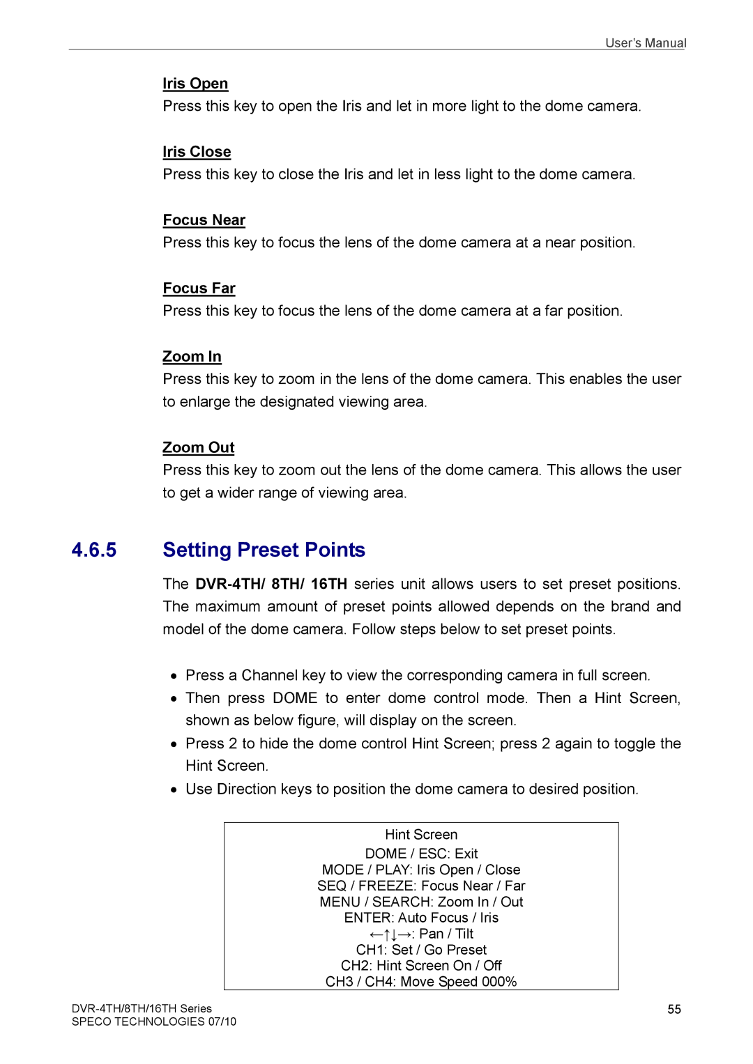 Samsung DVR-8TH, DVR-4TH, DVR-16TH user manual Setting Preset Points 