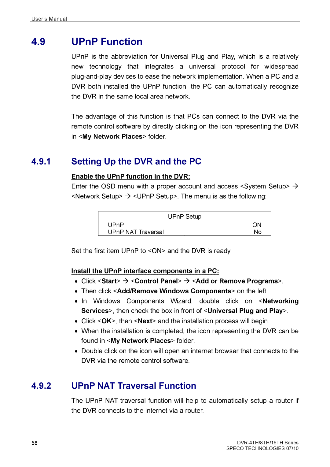 Samsung DVR-8TH, DVR-4TH, DVR-16TH user manual UPnP Function, Setting Up the DVR and the PC, UPnP NAT Traversal Function 