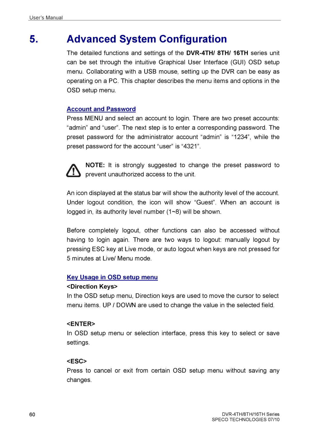 Samsung DVR-16TH, DVR-4TH, DVR-8TH Advanced System Configuration, Account and Password, Key Usage in OSD setup menu 