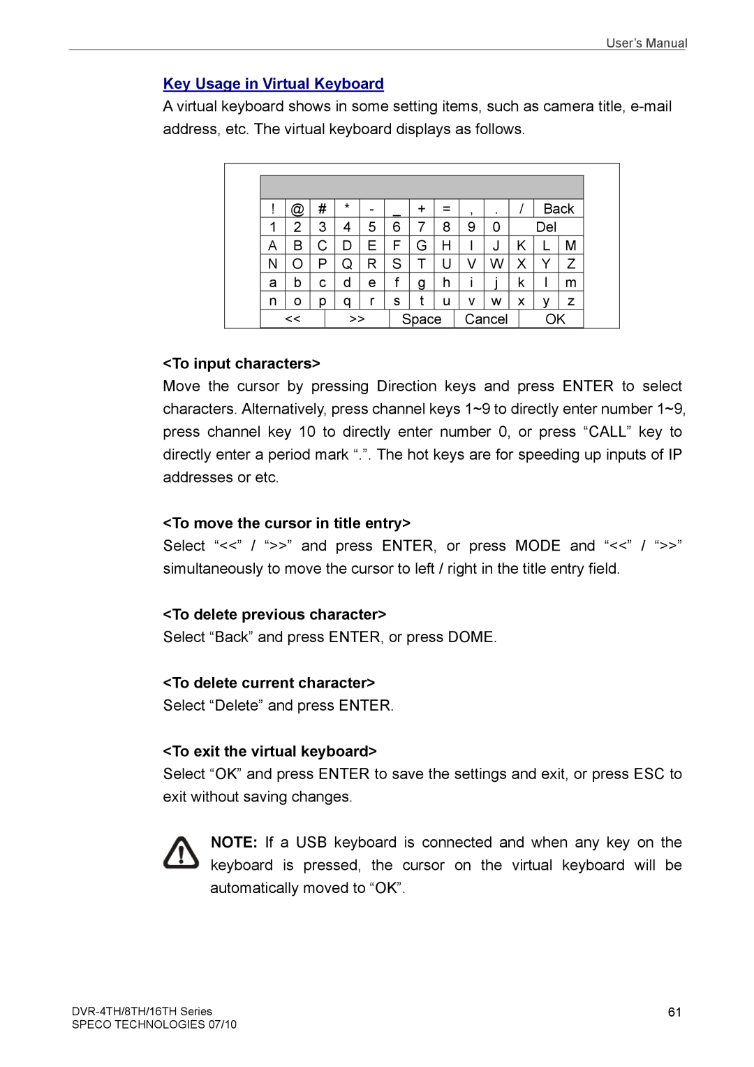 Samsung DVR-8TH, DVR-4TH, DVR-16TH user manual Key Usage in Virtual Keyboard 