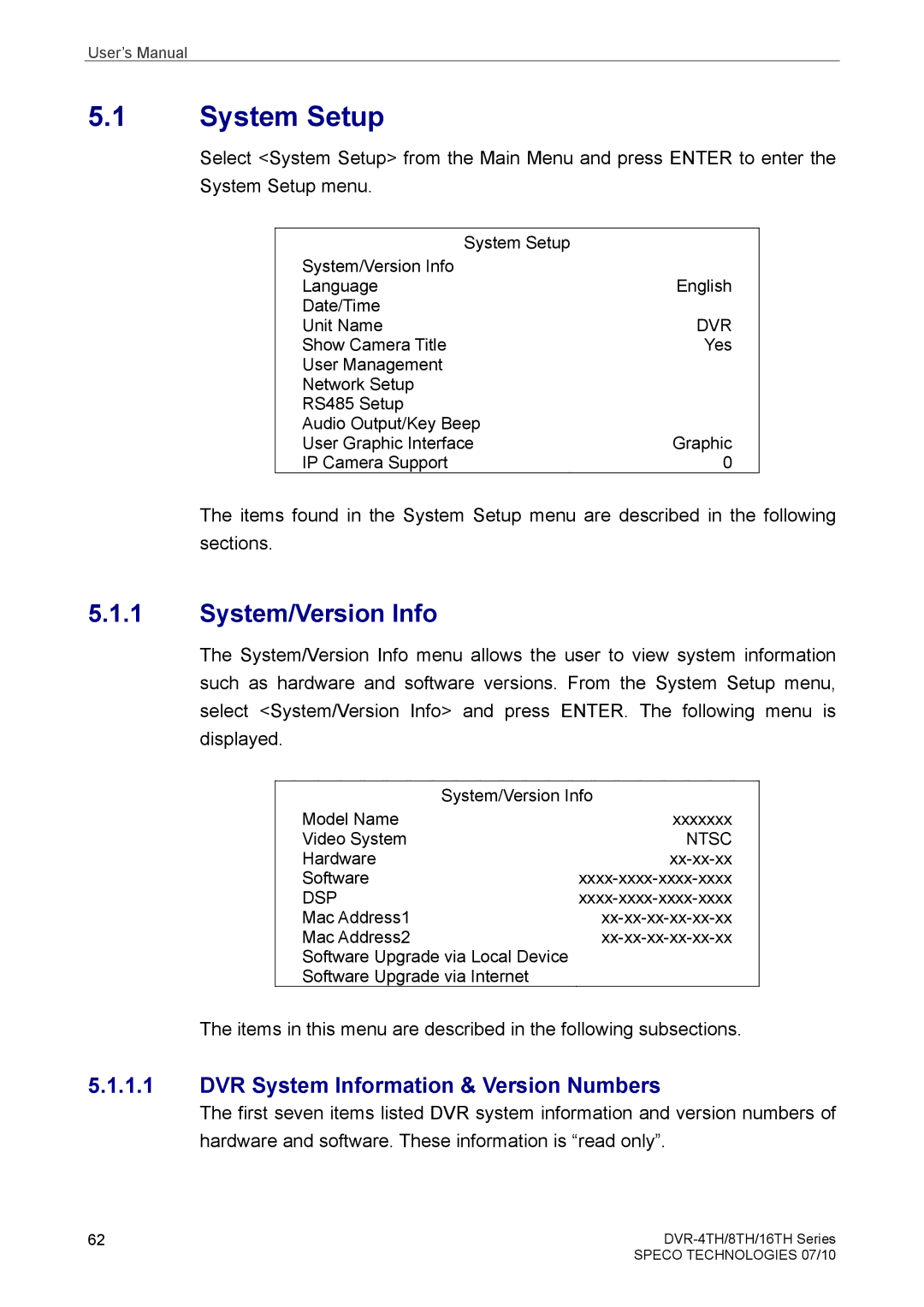 Samsung DVR-4TH, DVR-16TH, DVR-8TH user manual System Setup, System/Version Info, DVR System Information & Version Numbers 