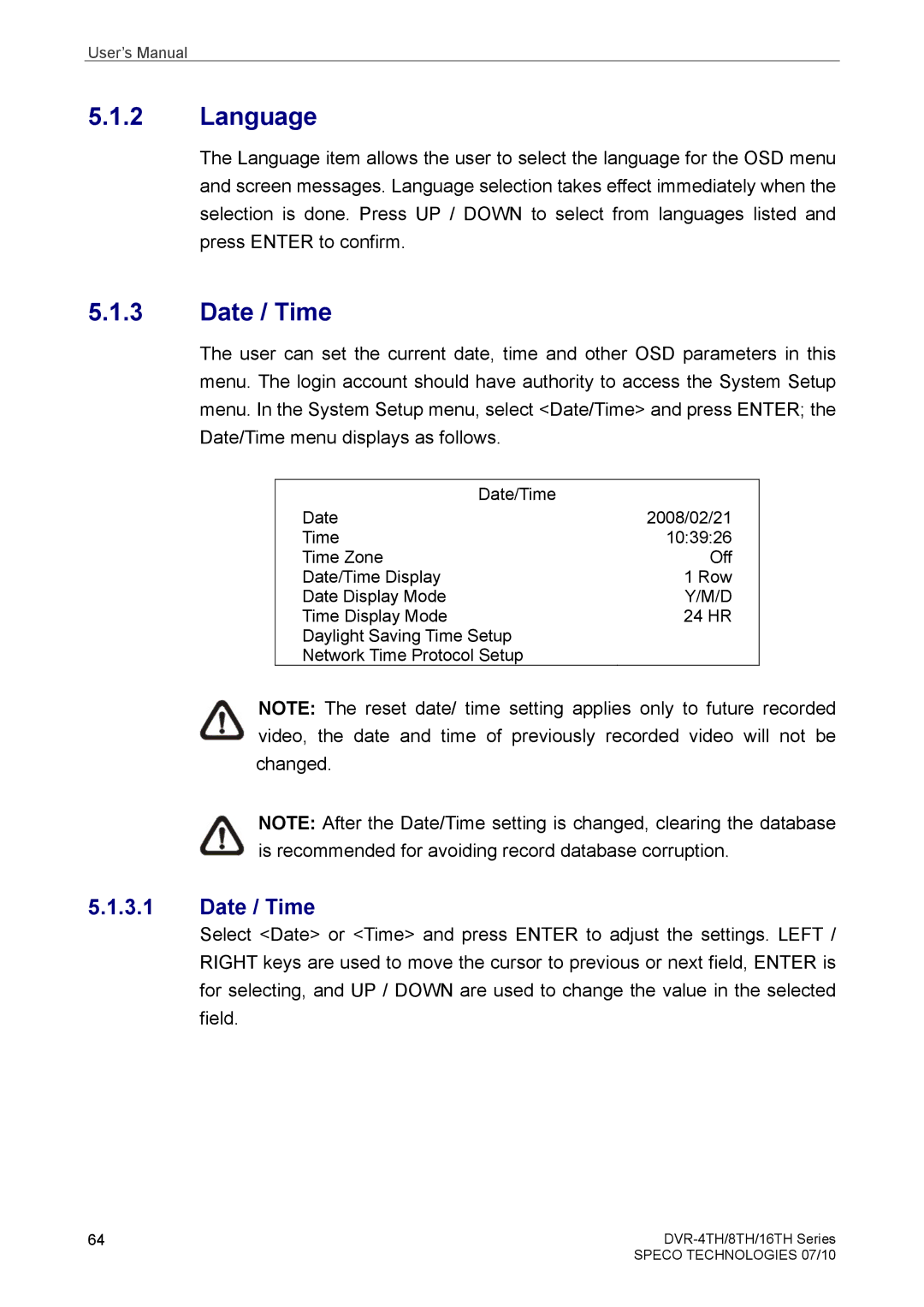 Samsung DVR-8TH, DVR-4TH, DVR-16TH user manual Language, Date / Time 