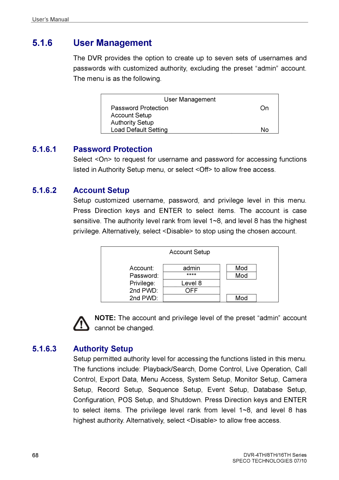 Samsung DVR-4TH, DVR-16TH, DVR-8TH user manual Password Protection, Account Setup, Authority Setup 