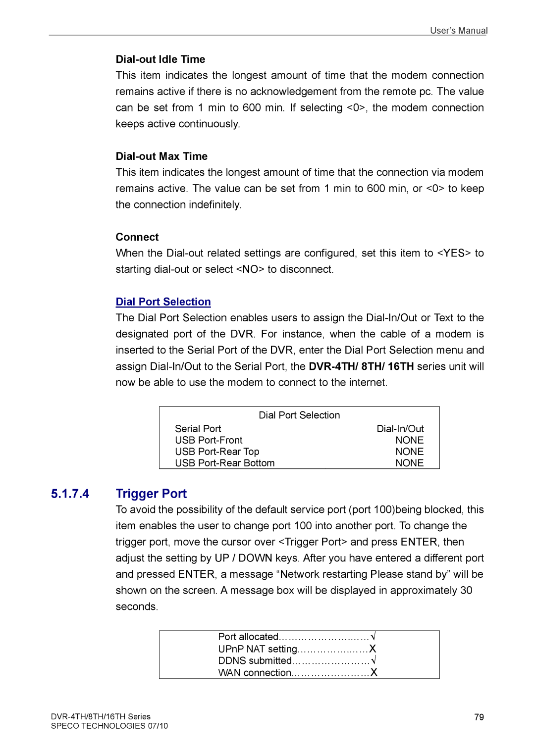 Samsung DVR-8TH, DVR-4TH, DVR-16TH Trigger Port, Dial-out Idle Time, Dial-out Max Time, Connect, Dial Port Selection 