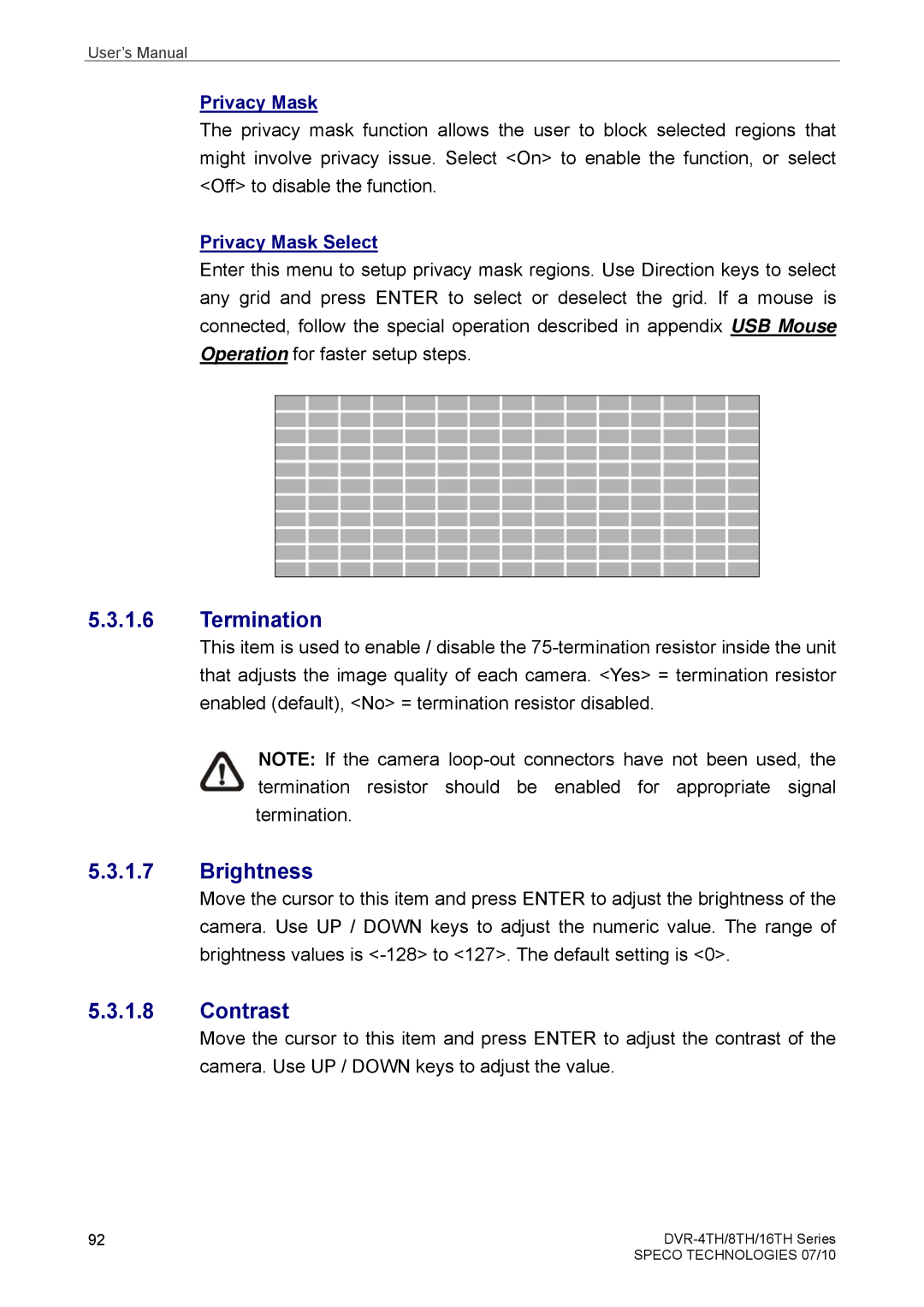 Samsung DVR-4TH, DVR-16TH, DVR-8TH user manual Termination, Brightness, Contrast, Privacy Mask Select 