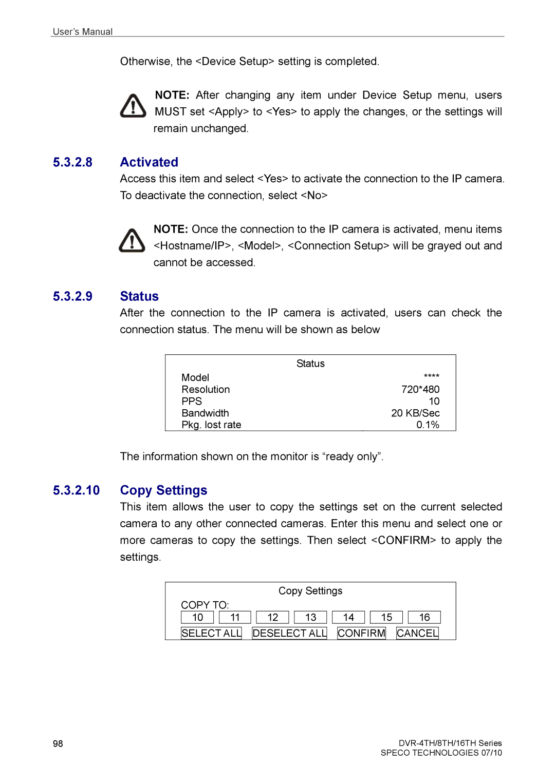 Samsung DVR-4TH, DVR-16TH, DVR-8TH user manual Activated, Status 