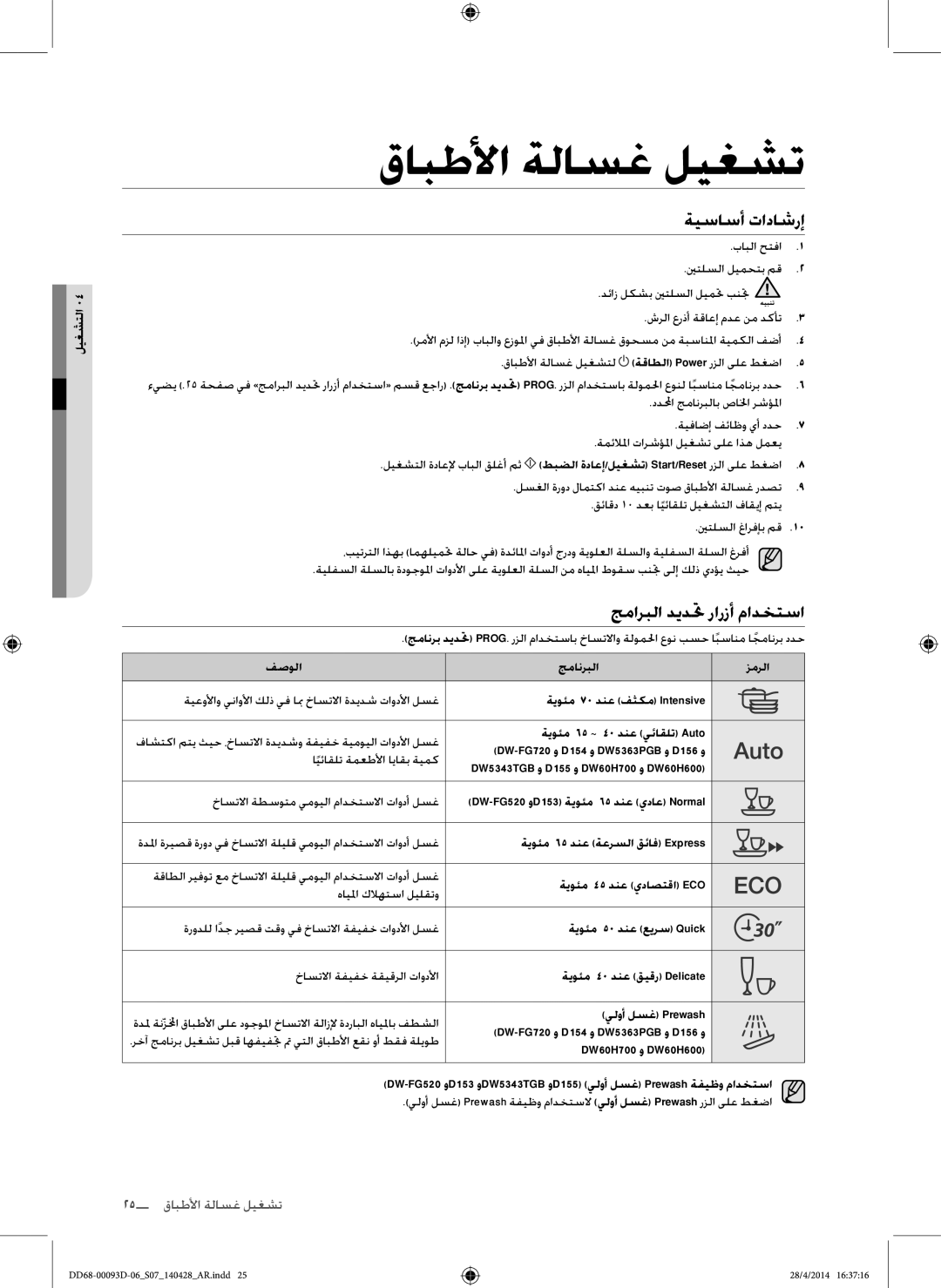 Samsung DW-FG520S/XTR, DW-FG520W/XTR, DW60H700FEW/TR manual قابطلأا ةلاسغ ليغشت, ةيساسأ تاداشرإ, جماربلا ديدتح رارزأ مادختسا 