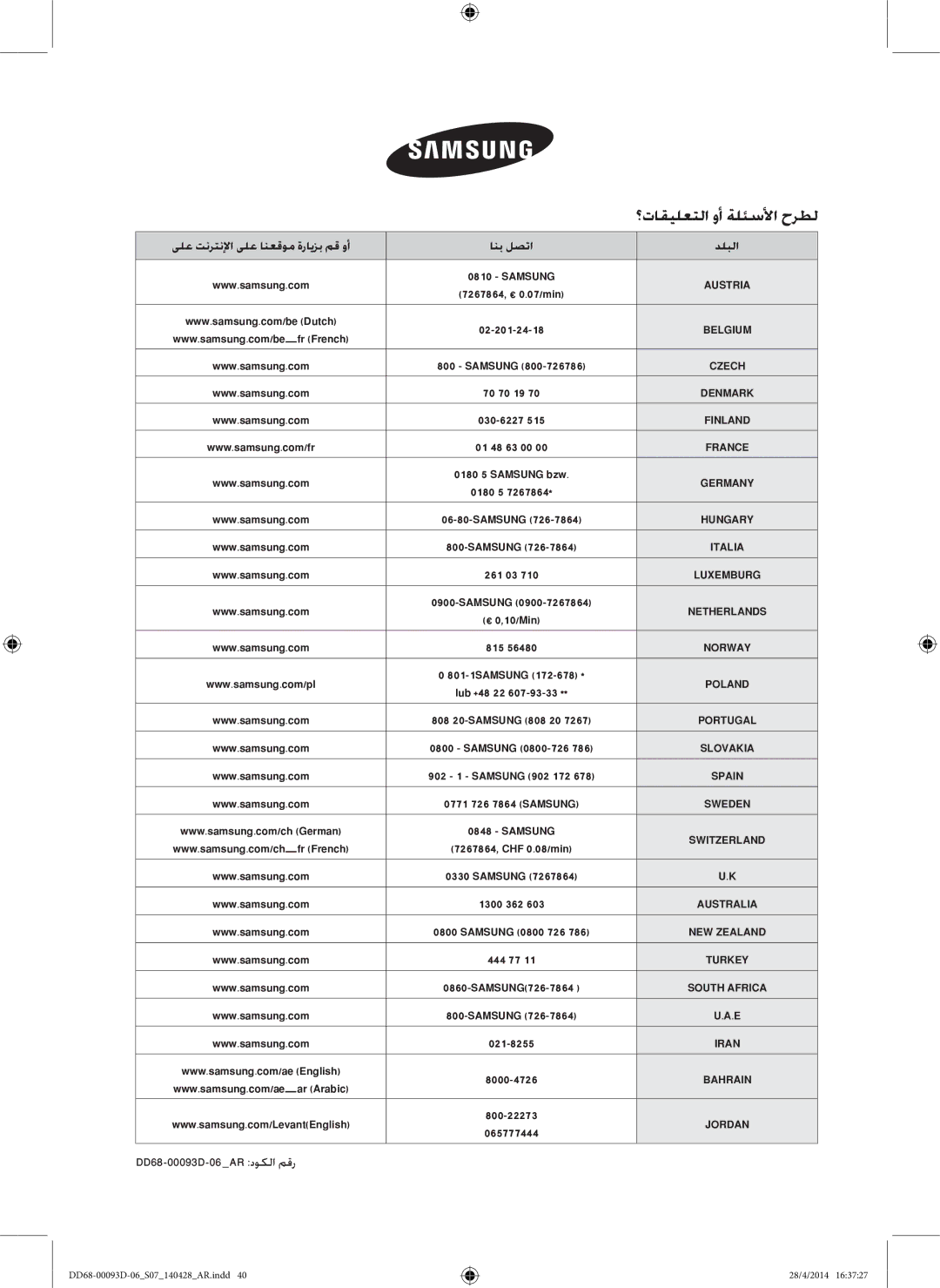 Samsung DW-FG520W/XTR, DW-FG520S/XTR manual ؟تاقيلعتلا وأ ةلئسلأا حرطل, ىلع تنرتنلإا ىلع انعقوم ةرايزب مق وأ انب لصتا دلبلا 