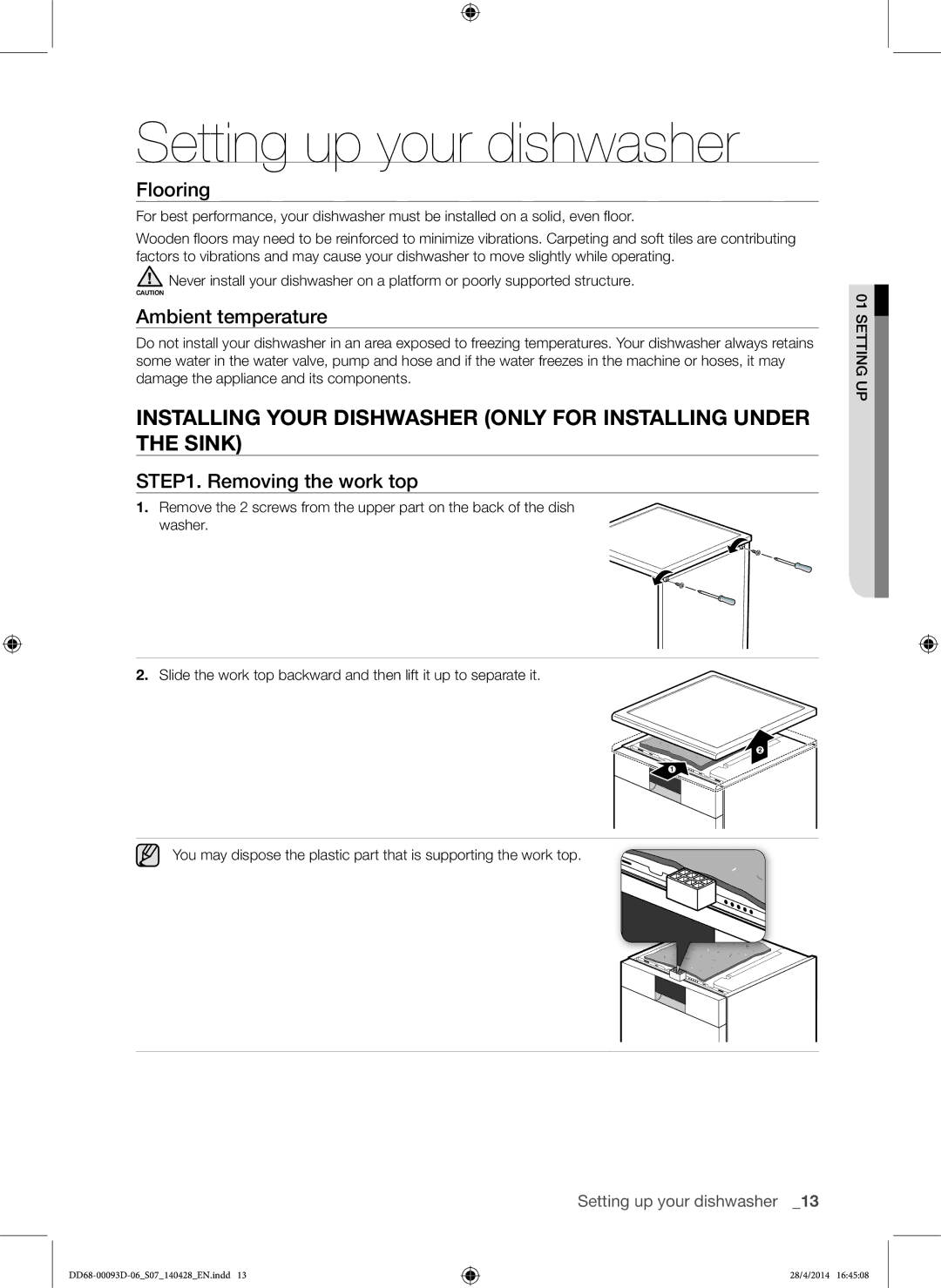 Samsung DW-FG520S/XTR, DW-FG520W/XTR, DW60H700FEW/TR, DW60H700FEA/TR Flooring, Ambient temperature, Removing the work top 