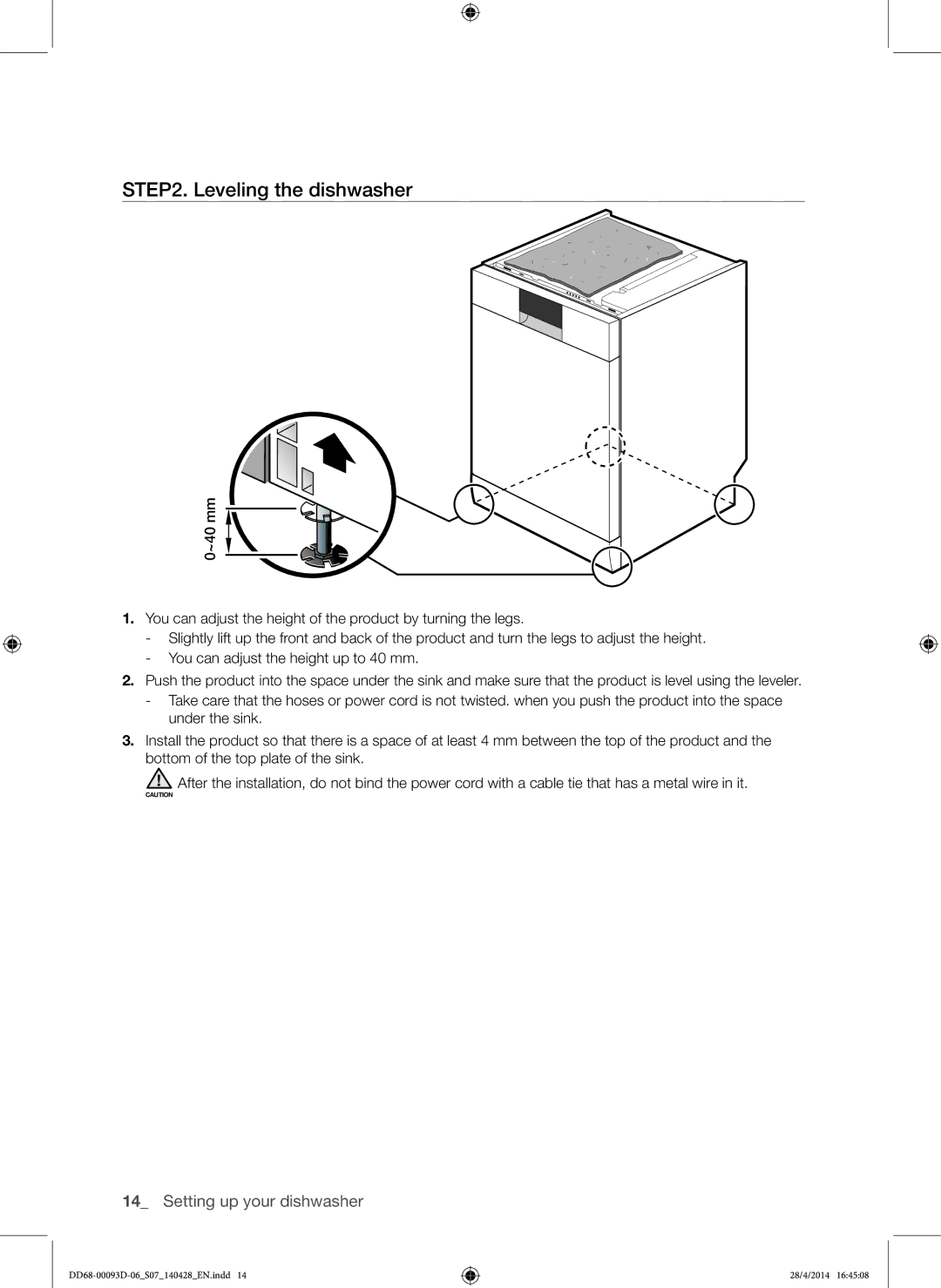 Samsung DW60H700FEW/TR, DW-FG520W/XTR, DW-FG520S/XTR, DW60H700FEA/TR manual Leveling the dishwasher 