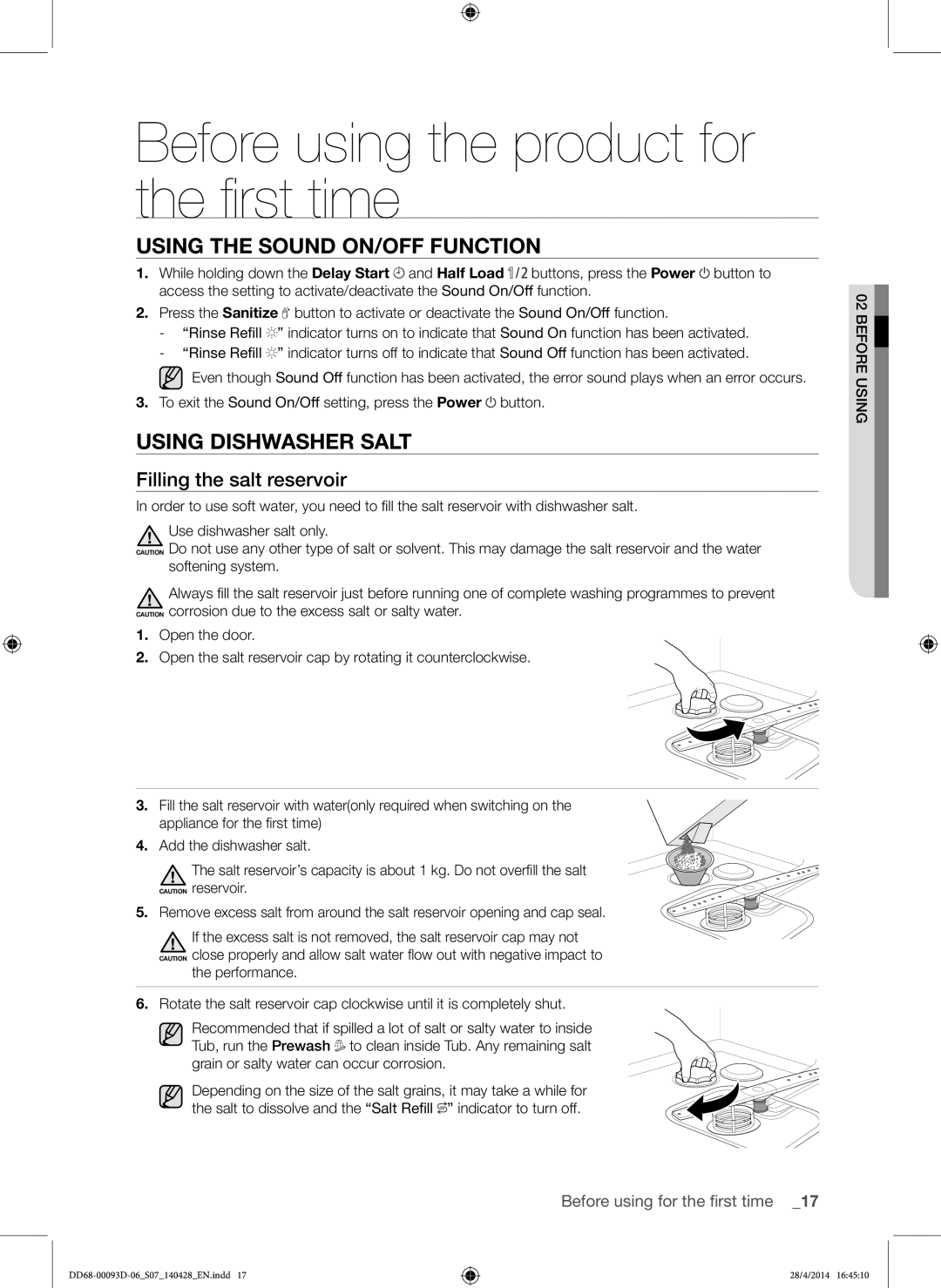 Samsung DW-FG520S/XTR, DW-FG520W/XTR Using the Sound ON/OFF Function, Using Dishwasher Salt, Filling the salt reservoir 