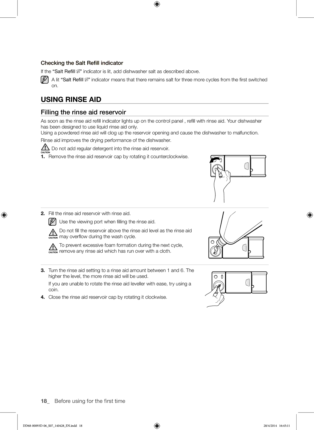 Samsung DW60H700FEW/TR, DW-FG520W/XTR Using Rinse AID, Filling the rinse aid reservoir, Checking the Salt Refill indicator 