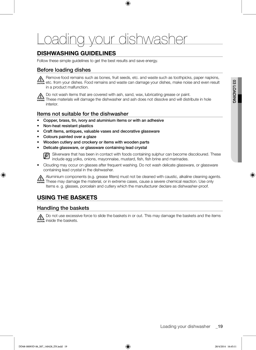 Samsung DW60H700FEA/TR, DW-FG520W/XTR, DW-FG520S/XTR Loading your dishwasher, Dishwashing Guidelines, Using the Baskets 