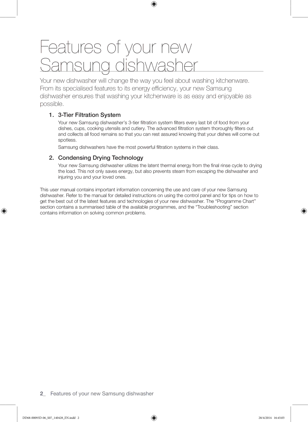 Samsung DW60H700FEW/TR, DW-FG520W/XTR, DW-FG520S/XTR manual Features of your new Samsung dishwasher, Tier Filtration System 