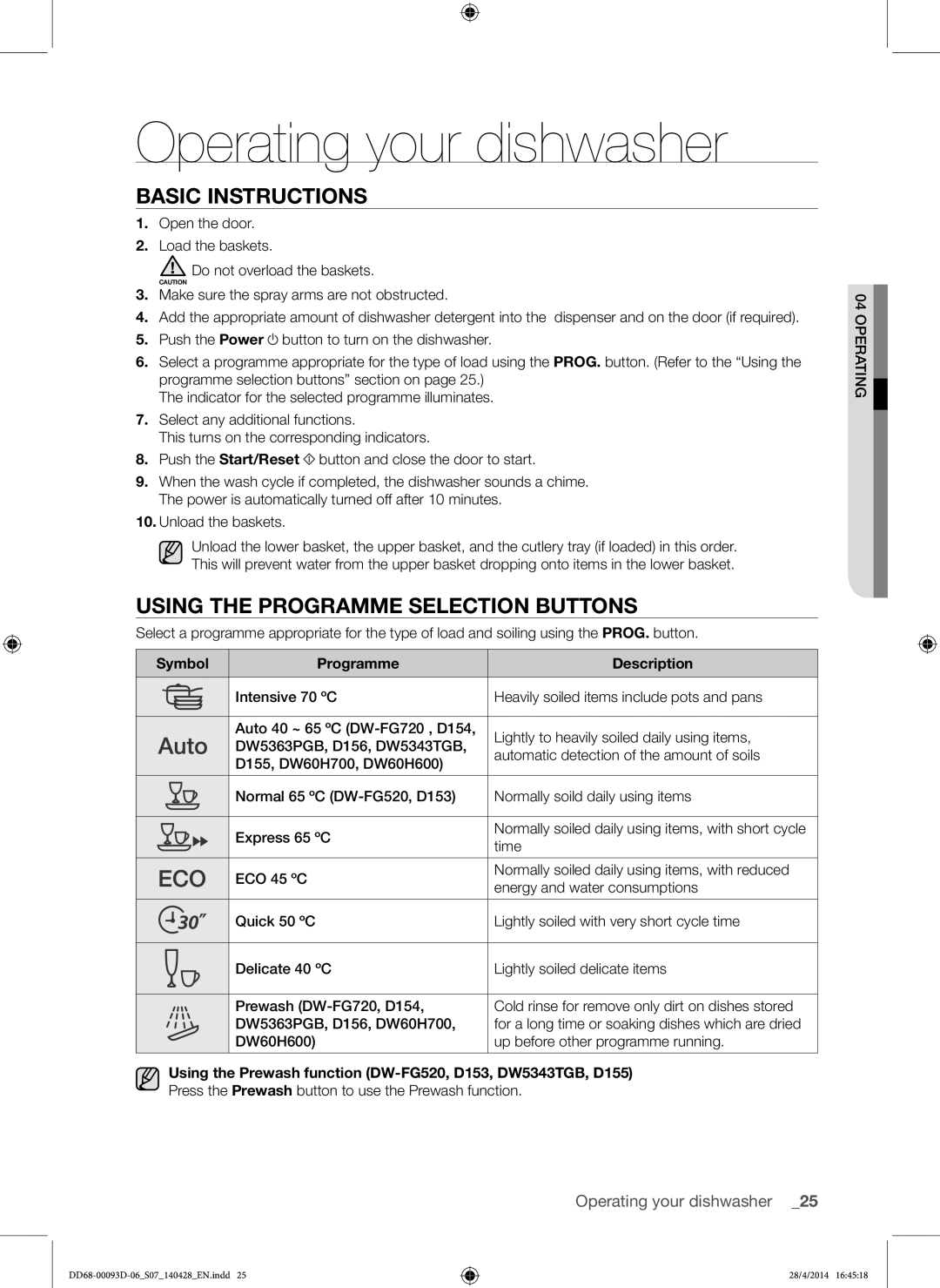 Samsung DW-FG520S/XTR, DW-FG520W/XTR Operating your dishwasher, Basic Instructions, Using the Programme Selection Buttons 