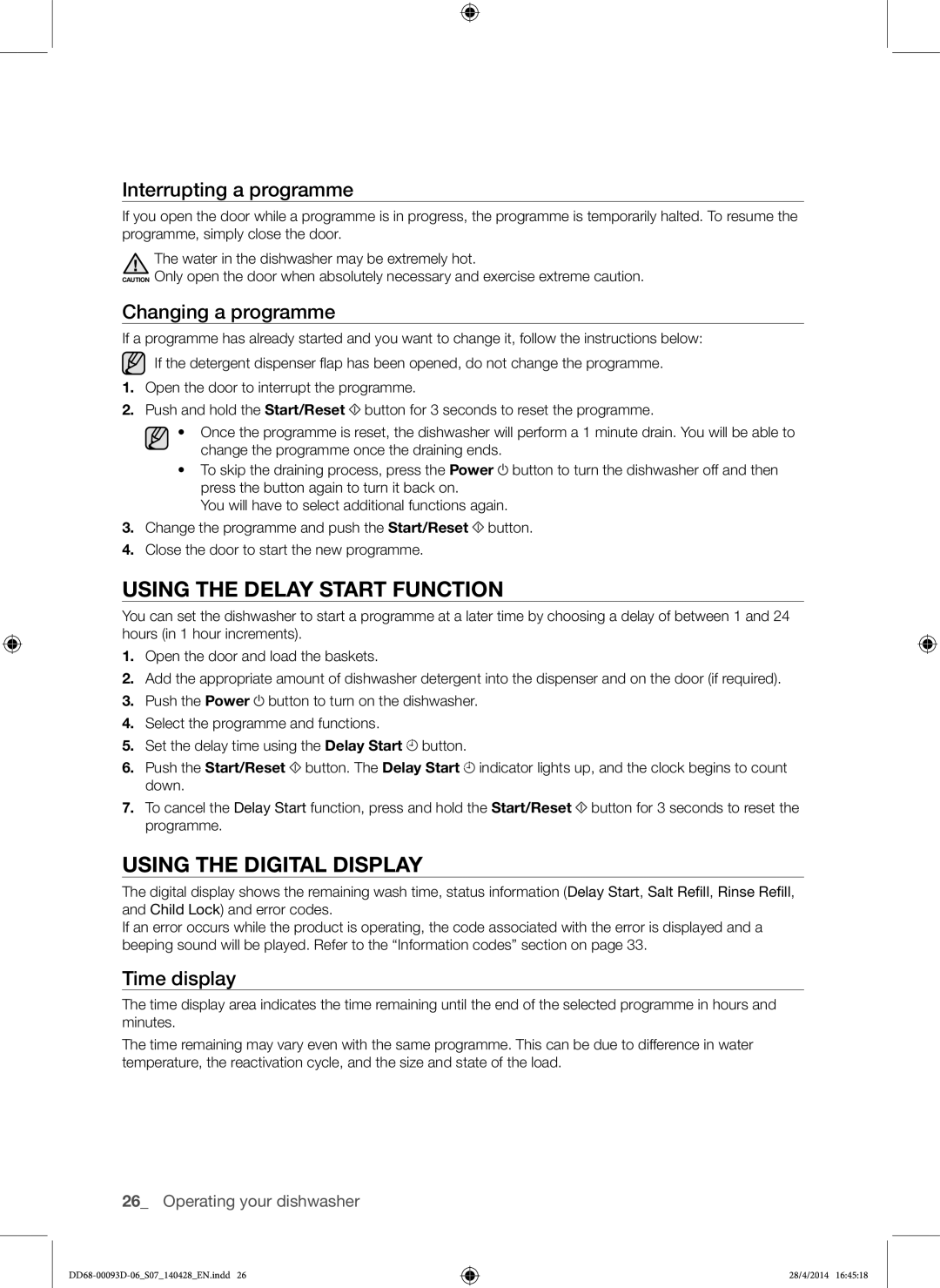 Samsung DW60H700FEW/TR Using the Delay Start Function, Using the Digital Display, Interrupting a programme, Time display 