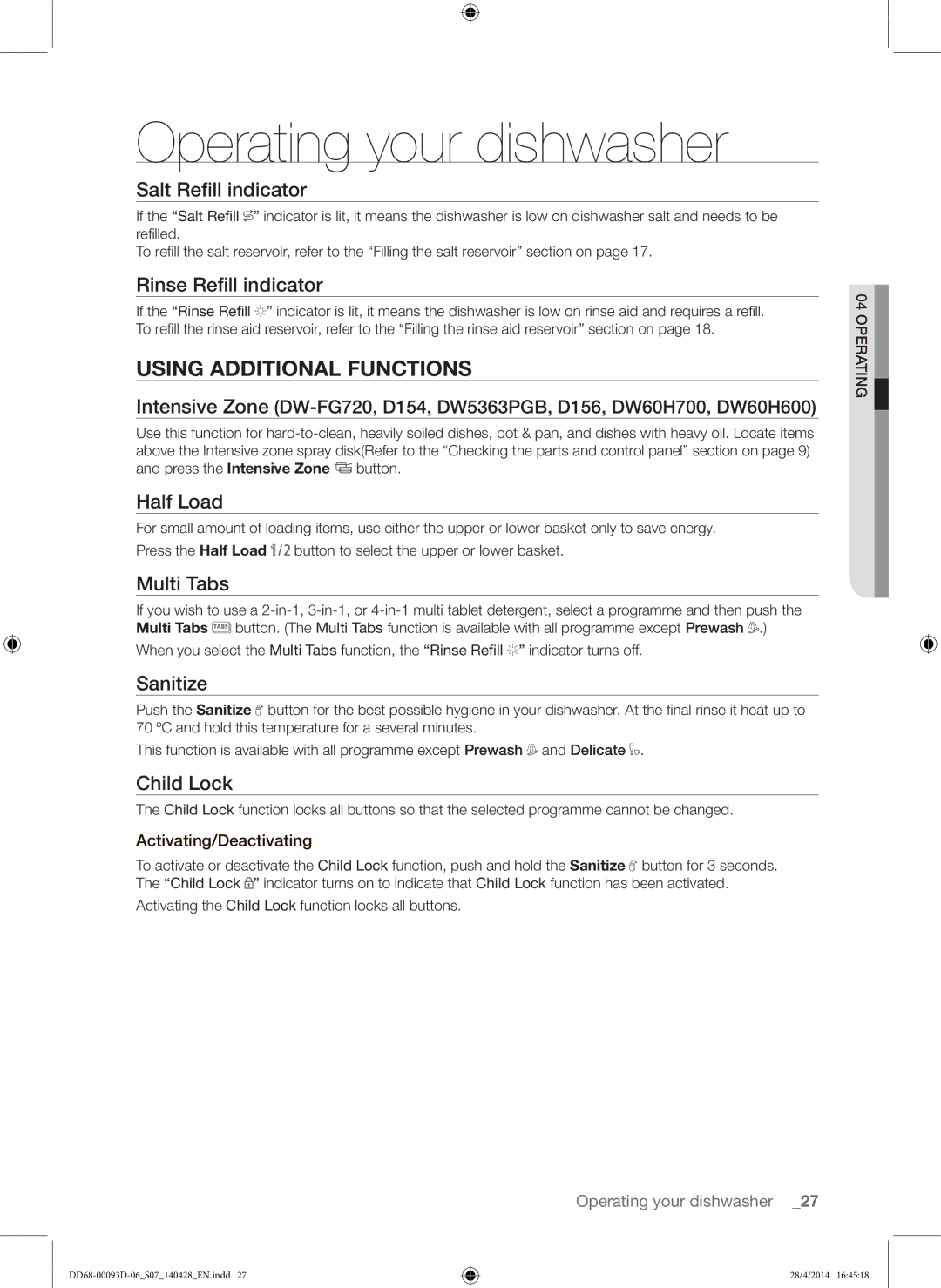 Samsung DW60H700FEA/TR, DW-FG520W/XTR, DW-FG520S/XTR, DW60H700FEW/TR manual Using Additional Functions 