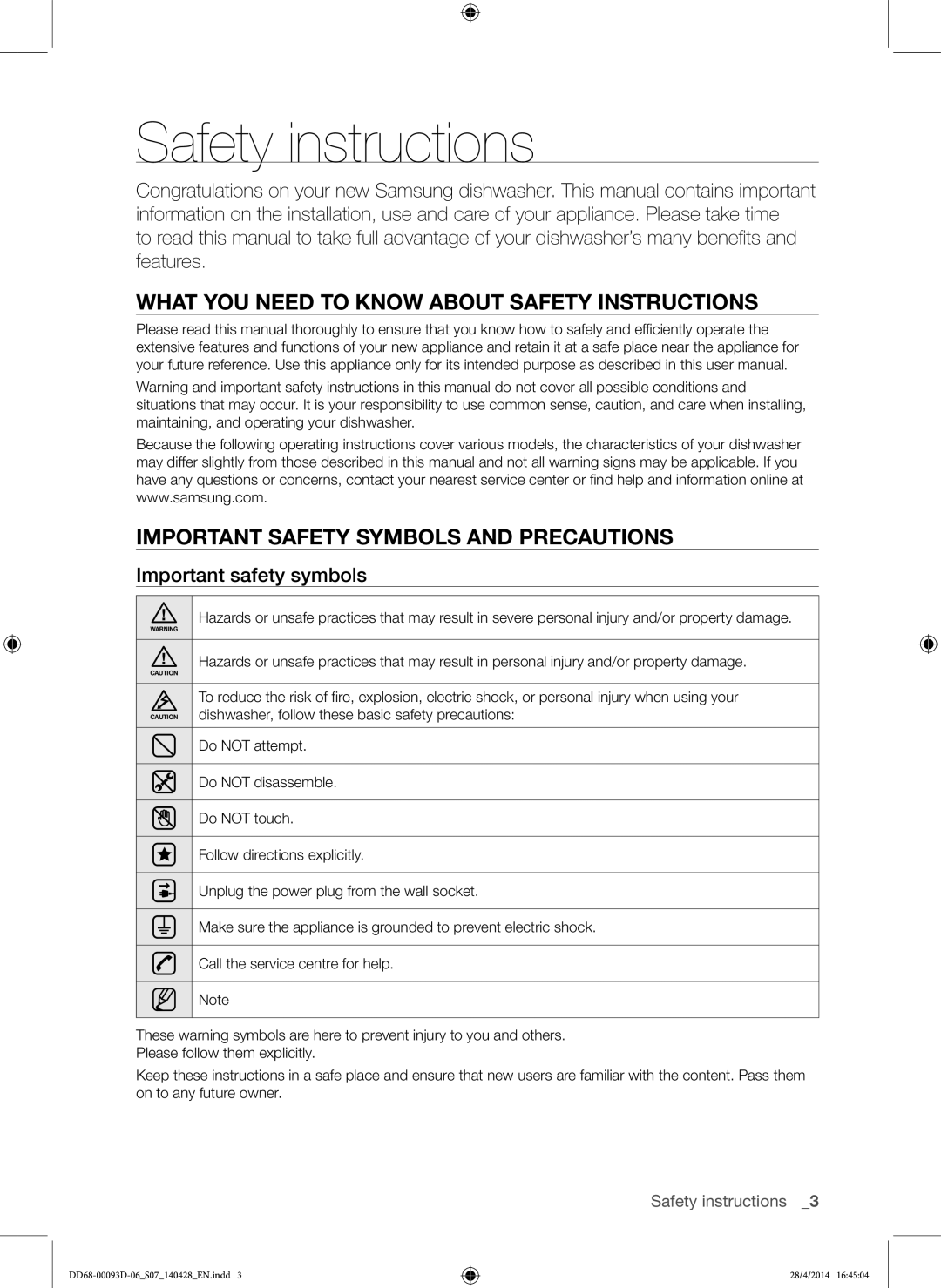 Samsung DW60H700FEA/TR, DW-FG520W/XTR, DW-FG520S/XTR, DW60H700FEW/TR manual Safety instructions, Important safety symbols 