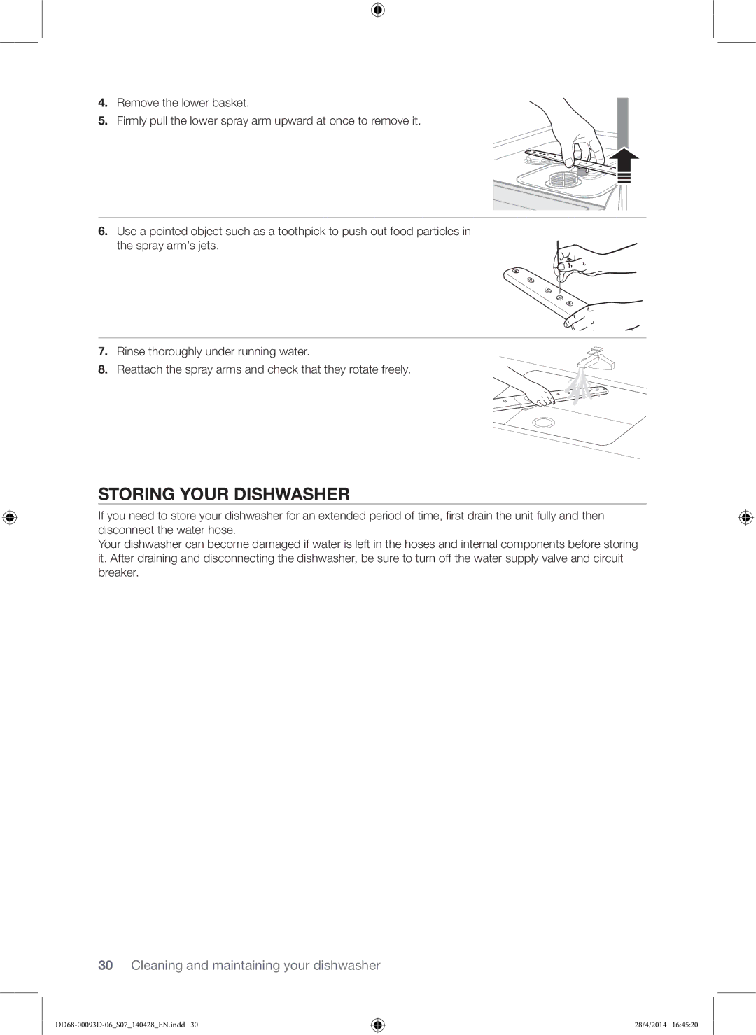 Samsung DW60H700FEW/TR, DW-FG520W/XTR, DW-FG520S/XTR, DW60H700FEA/TR manual Storing Your Dishwasher 