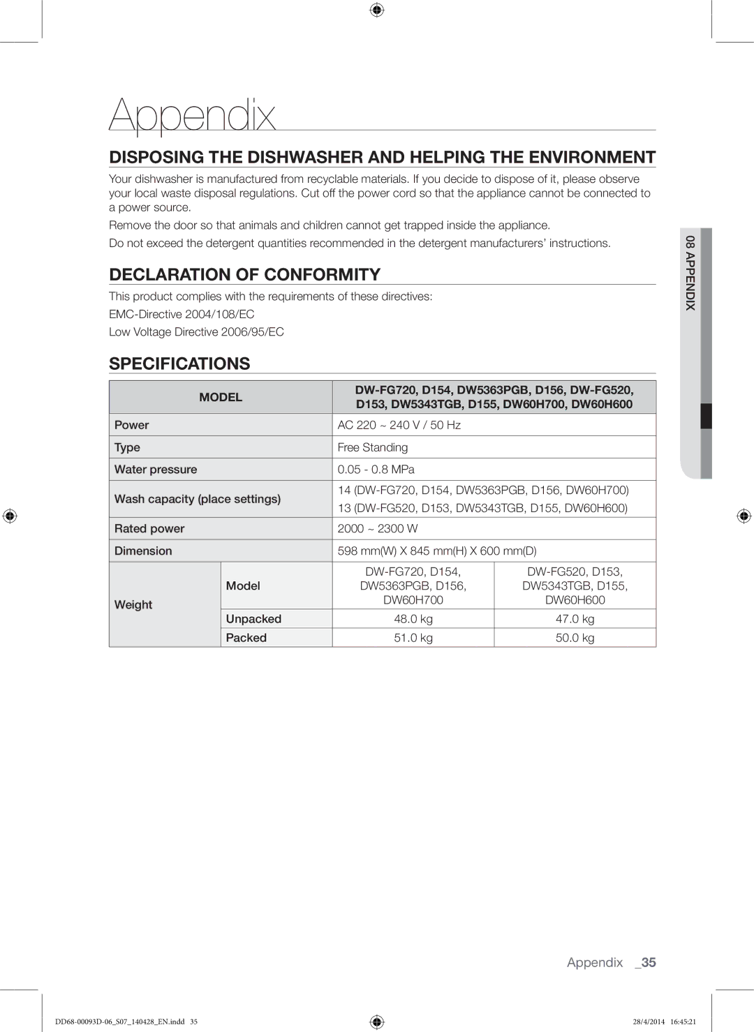 Samsung DW60H700FEA/TR Appendix, Disposing the Dishwasher and Helping the Environment, Declaration of Conformity, Model 