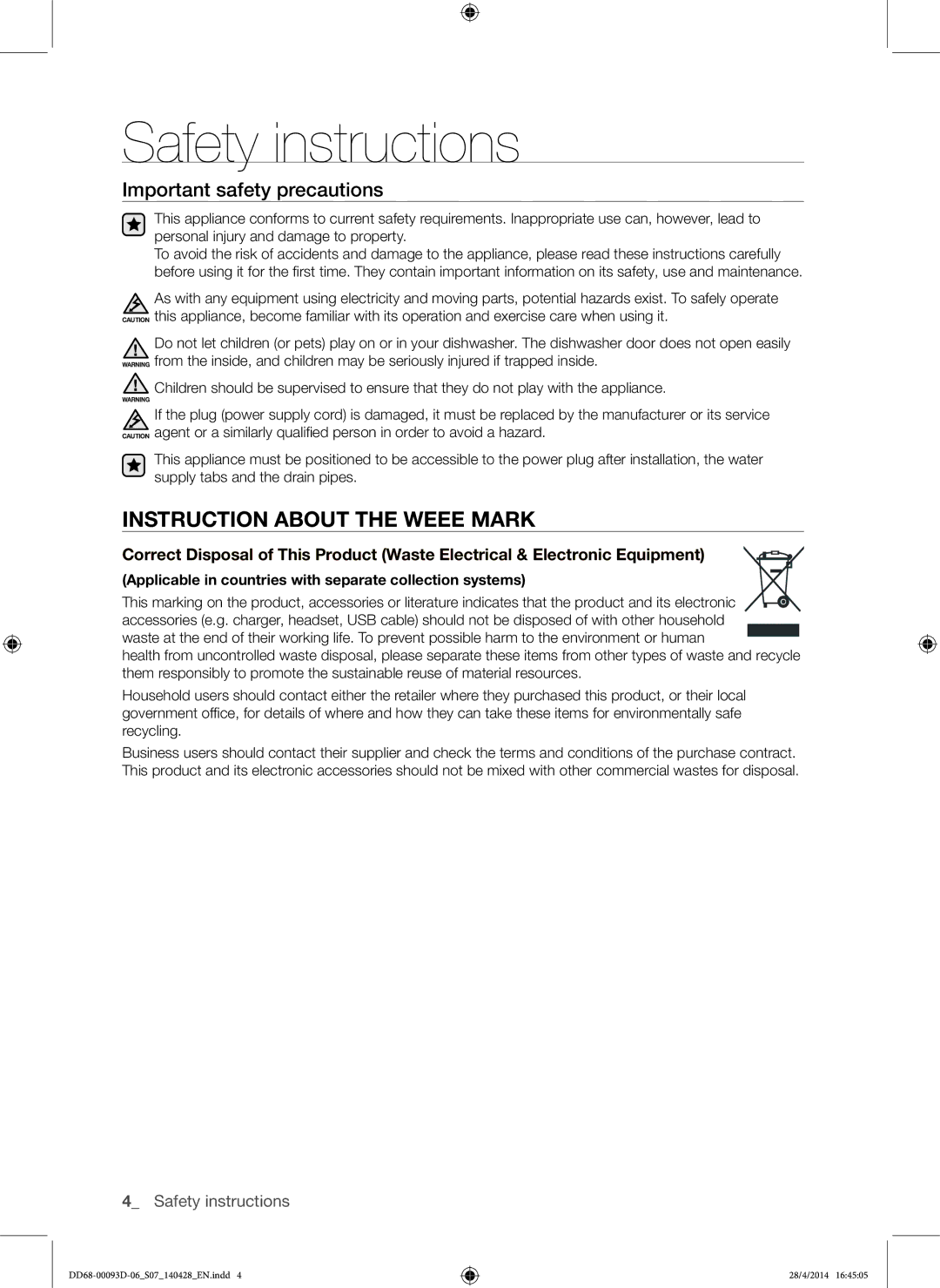 Samsung DW-FG520W/XTR, DW-FG520S/XTR, DW60H700FEW/TR manual Instruction about the Weee Mark, Important safety precautions 