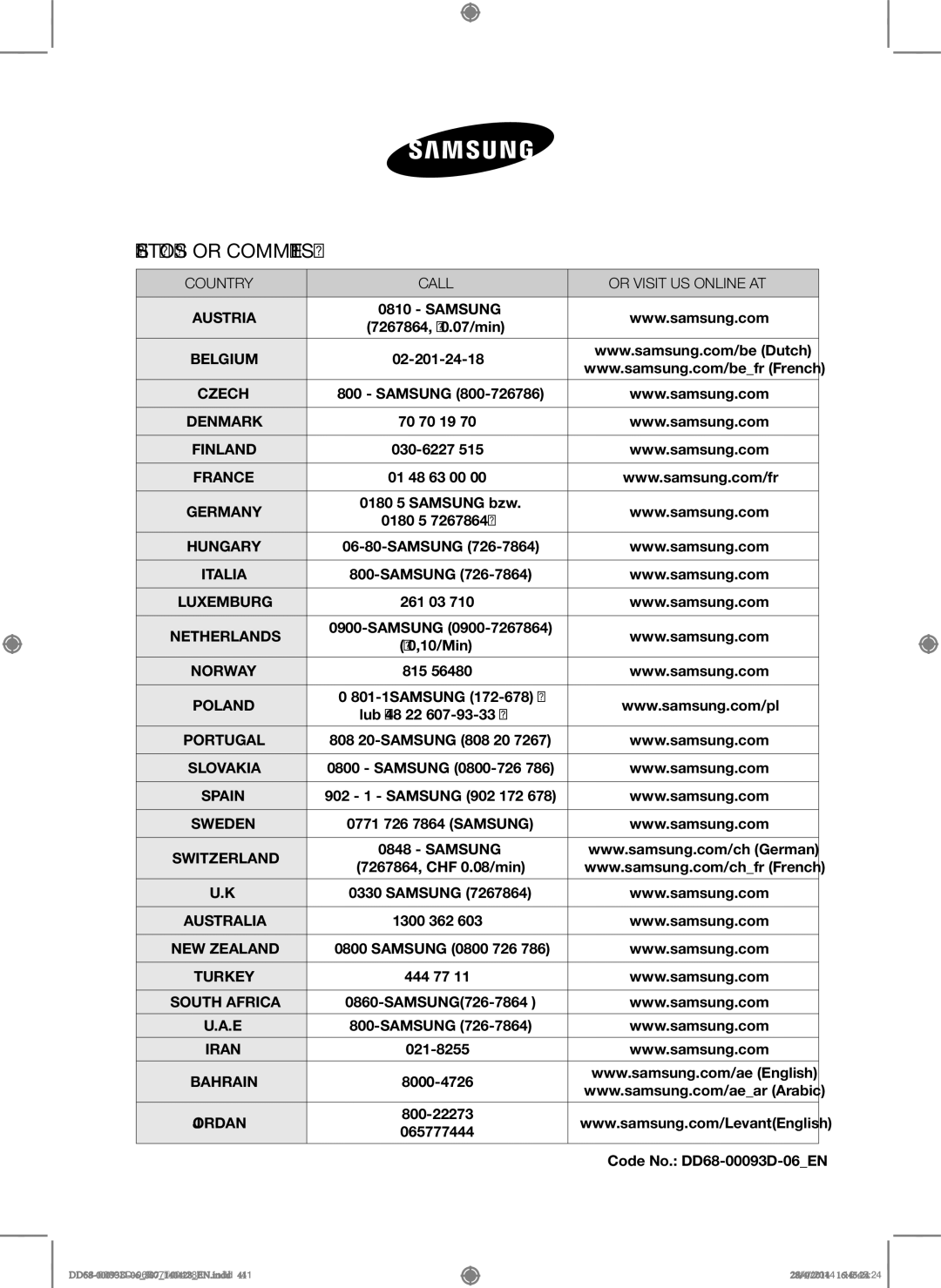 Samsung DW-FG520W/XTR, DW-FG520S/XTR, DW60H700FEW/TR manual Questions or COMMENTS?, Country Call Or Visit US Online AT 