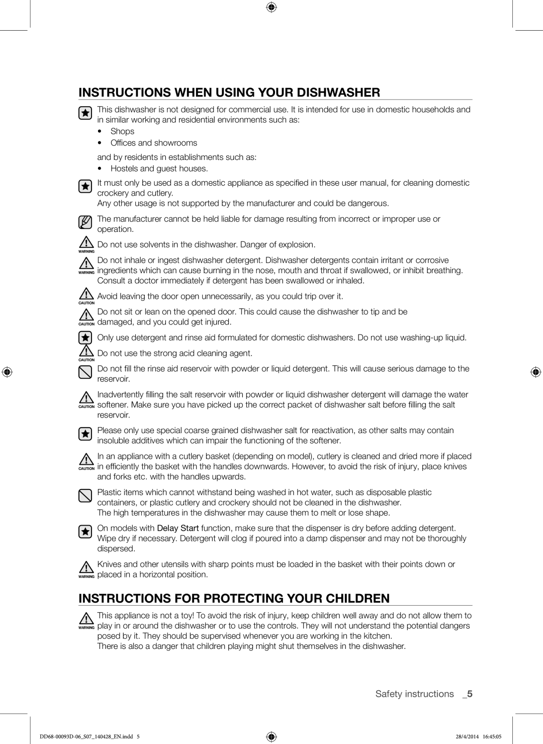 Samsung DW-FG520S/XTR, DW-FG520W/XTR Instructions When Using Your Dishwasher, Instructions for Protecting Your Children 